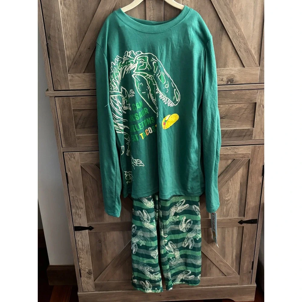 Cat & Jack Boys Green Dinosaur Skeleton Taco Pajama Set Long Sleeve NWT L 12/14